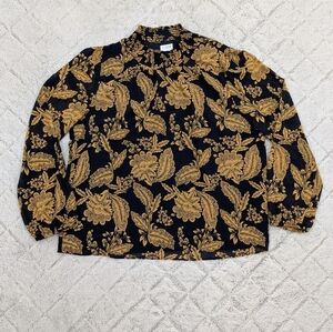 J. Crew Top Womens M Blue Navy Gold Floral Smocked Shirt Light Office Casual